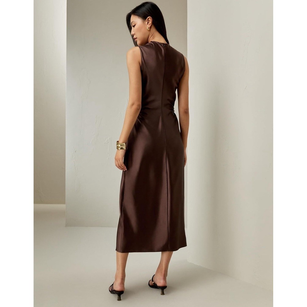 LilySilk $249 Mulberry Silk Chocolate A Line Dress Cut‎ Metal Ring Size 6 - Picture 5 of 14